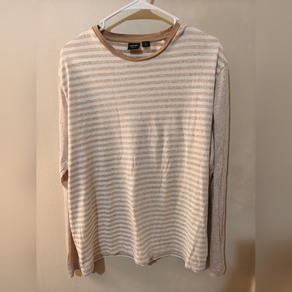 Hugo Boss Men's XL Slim Fit Linen Cotton Striped Long Sleeve Shirt Beige